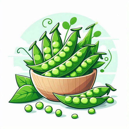 Fresh green peas in a wooden bowl on a white background. Vector illustration.のイラスト素材