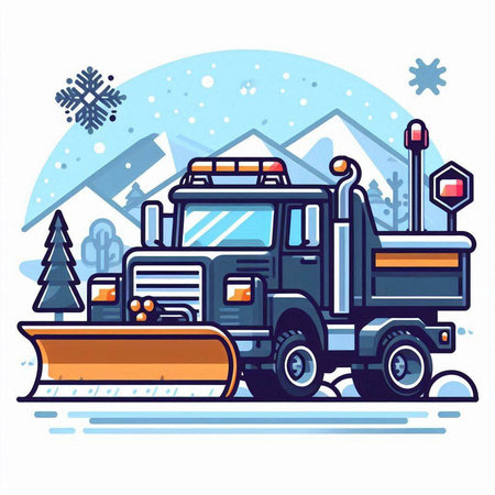 Snow plow and snowflakes in the winter. Vector illustration.のイラスト素材