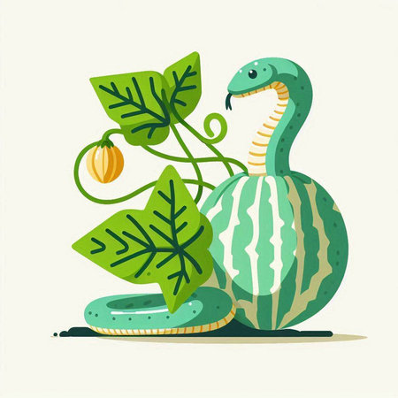 Cute snake and watermelon. Vector illustration in cartoon style.のイラスト素材
