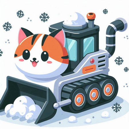 Cute cat with snow plow and snowflakes. Vector illustration.のイラスト素材