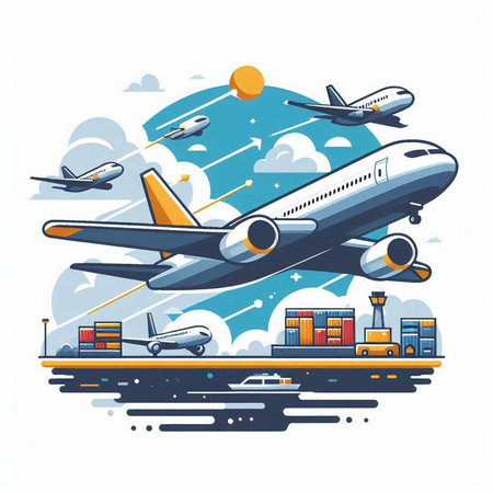 Airplane on the background of the city. Vector illustration in a flat styleのイラスト素材