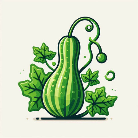 Vector illustration of green zucchini with leaves and tendrils.のイラスト素材