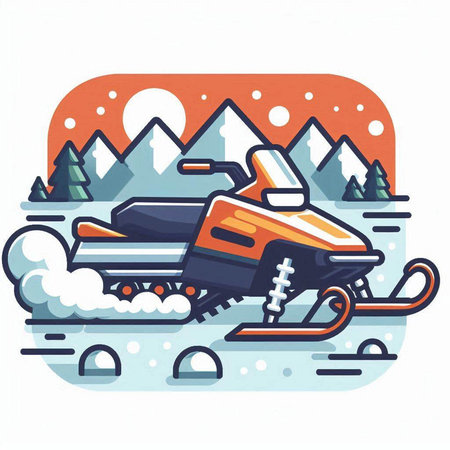 Snowmobile in the mountains. Vector illustration in a flat style.のイラスト素材