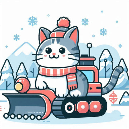 Cute cartoon cat in winter clothes sitting on a snowcat. Vector illustration.のイラスト素材