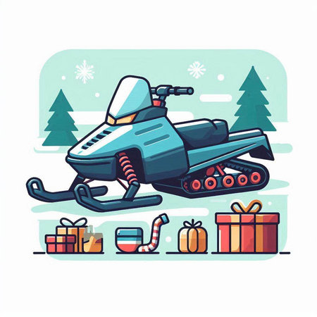 Snowmobile with gifts. Winter holidays. Vector illustration in cartoon style.のイラスト素材