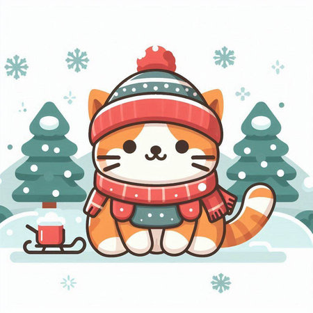 Cute cartoon cat in winter clothes sitting on the snow. Vector illustration.のイラスト素材