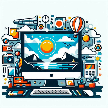 Vector illustration of flat design concept of cloud computing, internet, social media, multimedia, technology and entertainment.のイラスト素材