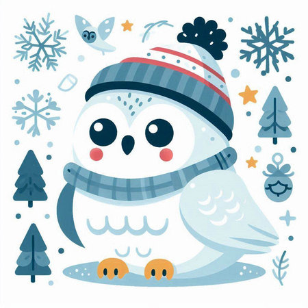 Christmas greeting card with cute owl in a hat and scarf, vector illustrationのイラスト素材