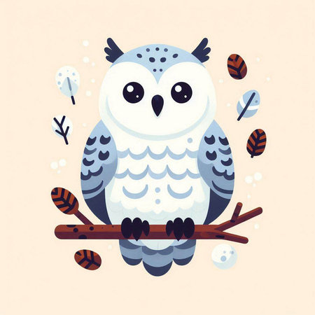 Cute cartoon owl sitting on a branch. Vector illustration in a flat style.のイラスト素材