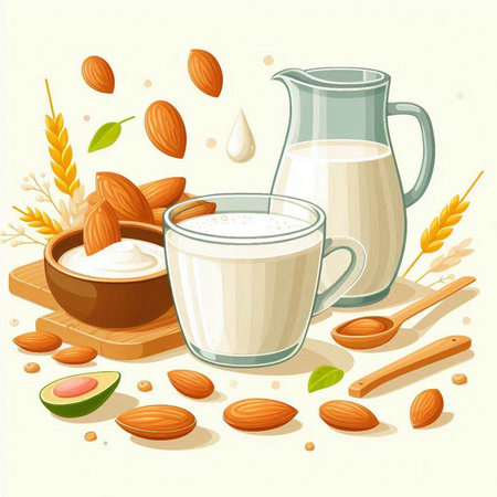 Almond milk and ingredients on a white background. Vector illustration.のイラスト素材