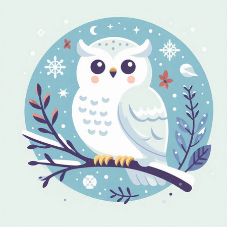 Owl on a branch with snowflakes. Vector illustration.のイラスト素材