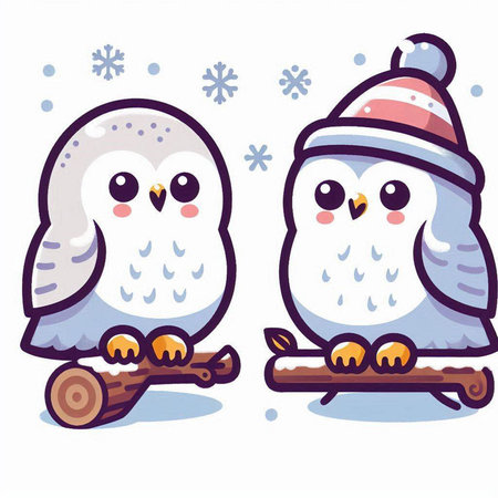 Two cute cartoon owls in warm winter clothes. Vector illustration.のイラスト素材