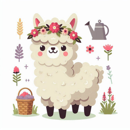 Cute llama with flower wreath and watering can. Vector illustration.のイラスト素材