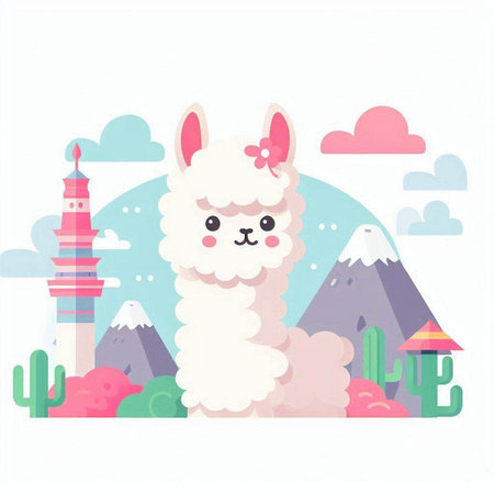 Cute llama in the mountains. Childish vector illustration.のイラスト素材