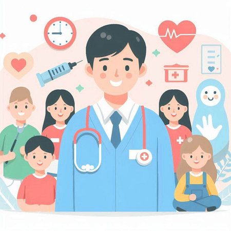 Doctor with family. Vector illustration in a flat style. Medical concept.のイラスト素材