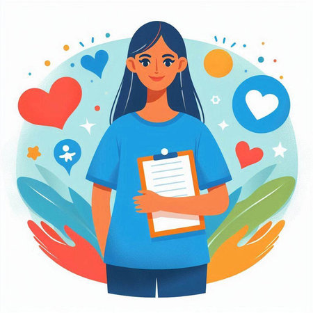 Girl with clipboard and social media icons. Vector illustration in cartoon style.のイラスト素材