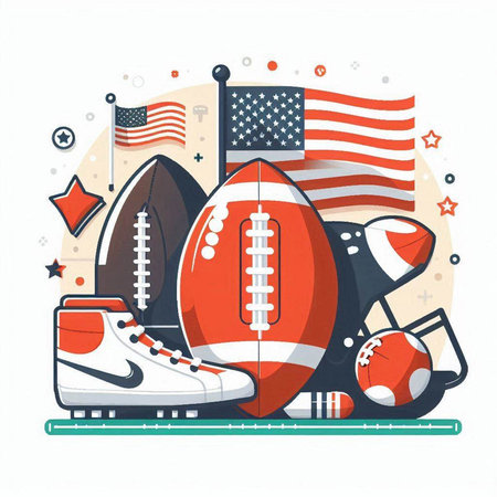 American football, rugby ball, sneakers and american flag. Vector illustration.のイラスト素材
