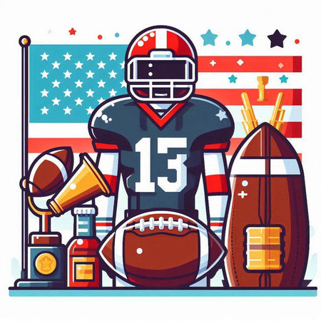 American football player in uniform and helmet with ball and helmet on american flag background vector illustrationのイラスト素材