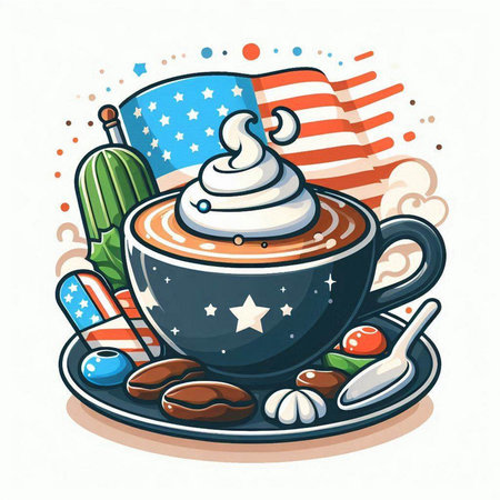 Cup of coffee with whipped cream and american flag. Vector illustration.のイラスト素材
