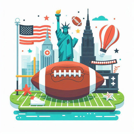 American football, american football and statue of liberty. Flat style vector illustration.のイラスト素材