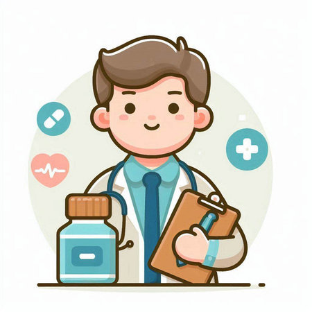 Male doctor holding a bottle of pills and a clipboard. Vector illustrationのイラスト素材