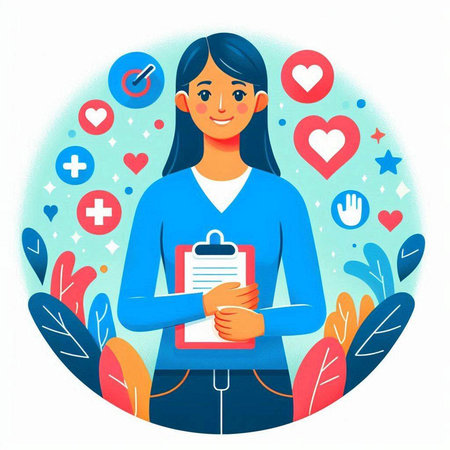 Young woman holding clipboard with checklist in her hands. Flat vector illustration.のイラスト素材