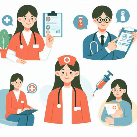 Illustration of a doctor and a nurse with various health related iconsのイラスト素材