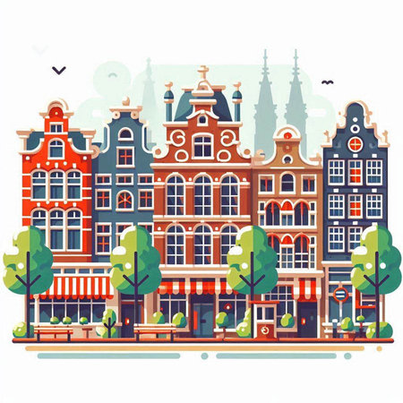 Amsterdam cityscape with old houses. Vector illustration in flat style.のイラスト素材
