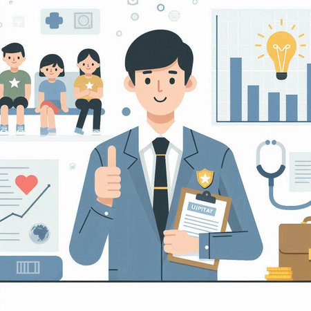 Male doctor with clipboard showing thumbs up. Vector illustration in flat style.のイラスト素材