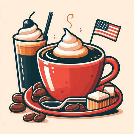 Coffee cup with whipped cream, coffee beans, sugar cubes and american flagのイラスト素材
