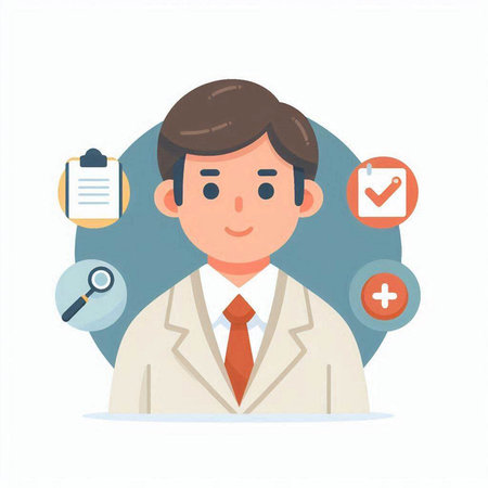 Doctor in white coat and medical icons. Vector illustration in flat styleのイラスト素材