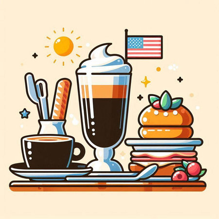 Coffee and hamburger on the table. Vector illustration.のイラスト素材