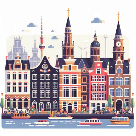 Amsterdam cityscape with famous buildings. Vector illustration in flat styleのイラスト素材