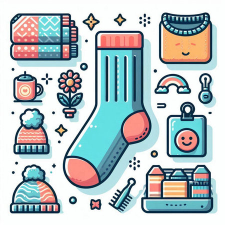 Cute set of socks with winter clothes and accessories. Vector illustration.のイラスト素材