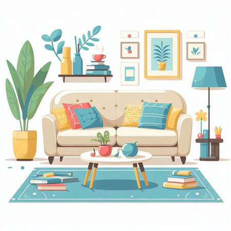 Living room with sofa, coffee table, books and plants. Flat style vector illustration.のイラスト素材