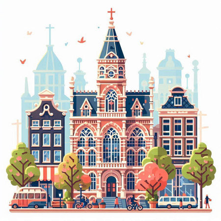 Amsterdam cityscape with historic buildings. Vector illustration in flat style.のイラスト素材