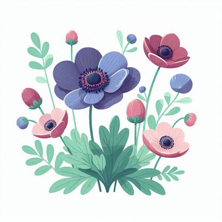 Hand drawn vector illustration of anemone flowers. Isolated on white background.のイラスト素材