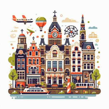 Amsterdam cityscape. Vector illustration in flat style. Travel and tourism concept.のイラスト素材