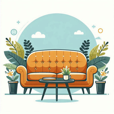 Sofa with coffee table and plants. Flat vector illustration.のイラスト素材
