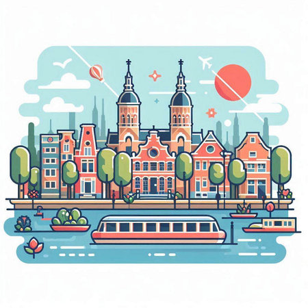 Cityscape of Amsterdam, Holland. Vector illustration in flat style.のイラスト素材
