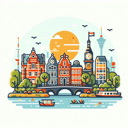 Amsterdam cityscape. Vector illustration in flat design style. Cityscape of Amsterdam.のイラスト素材