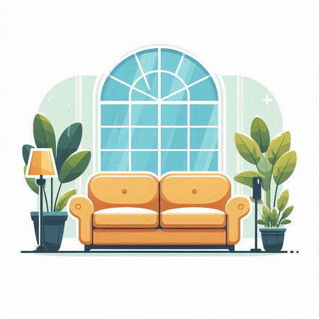 Living room interior with sofa, window and plants. Flat style vector illustration.のイラスト素材