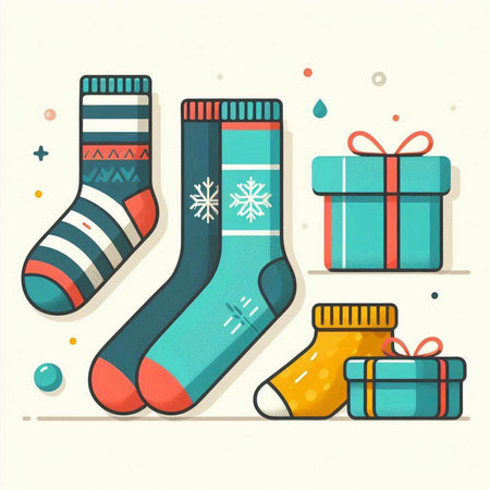 Set of christmas socks and gifts. Vector illustration in flat style.のイラスト素材