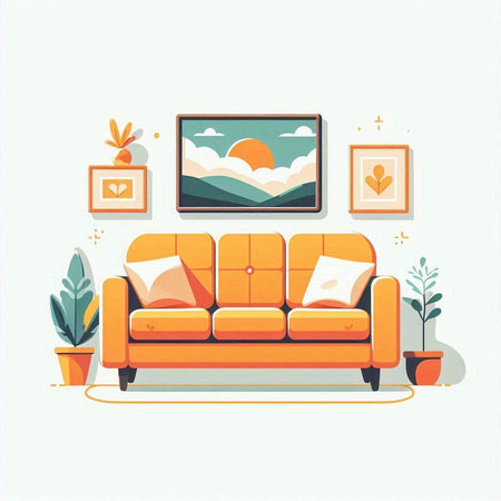 Living room interior with sofa and picture. Flat style vector illustration.のイラスト素材
