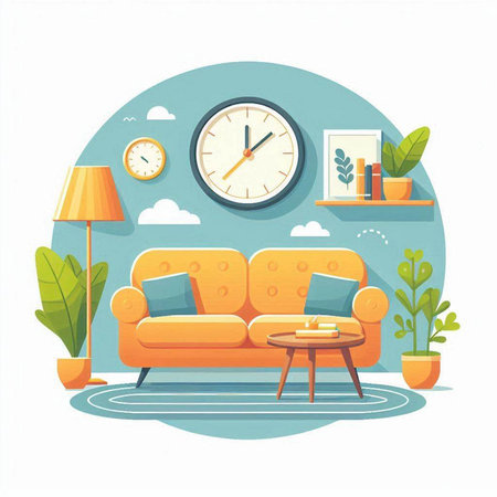 Living room with sofa, coffee table, clock and plants. Flat style vector illustration.のイラスト素材