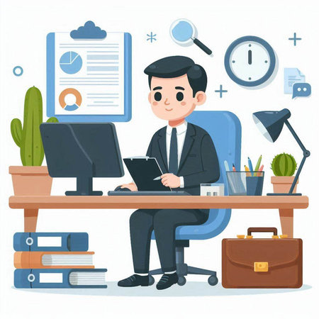 Businessman working at office. Vector illustration in cartoon style. Businessman sitting at his workplace.のイラスト素材