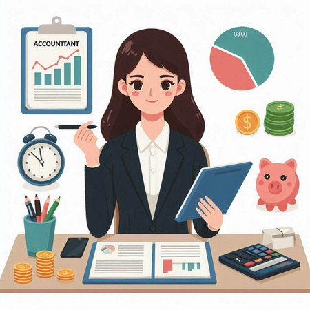 Business woman working at office. Vector illustration in flat cartoon style.のイラスト素材