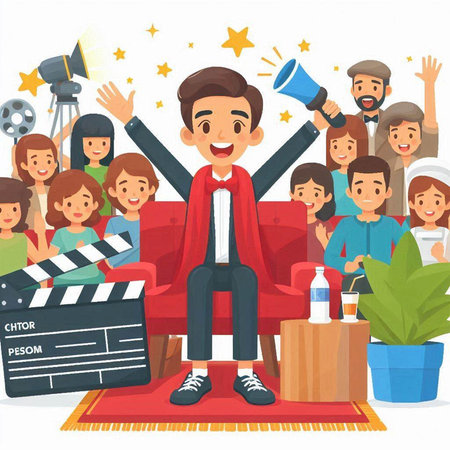 Cinema cartoon vector illustration. Happy man with movie clapperboard and audience.のイラスト素材