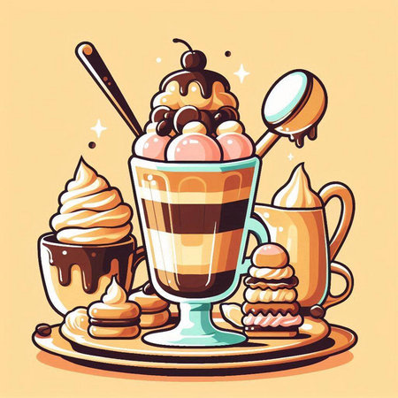 Cup of coffee with ice cream and sweets. Vector illustration.のイラスト素材
