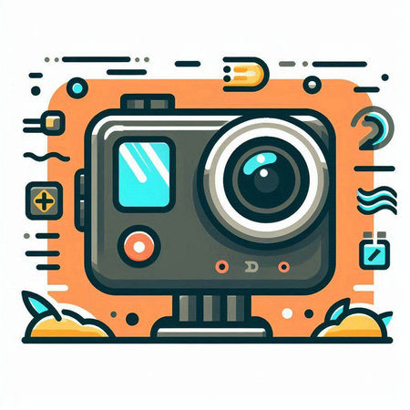 Vector illustration of retro camera on orange background. Line art design for web, site, advertising, banner, poster, board and print.のイラスト素材